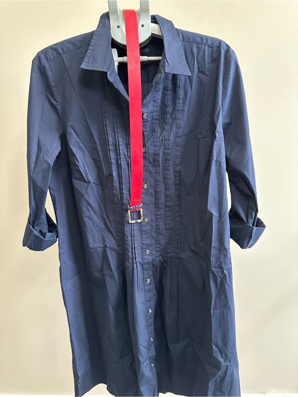 Tommy Hilfiger Navy Button-Down Longline Shirt with Red Strap Accent